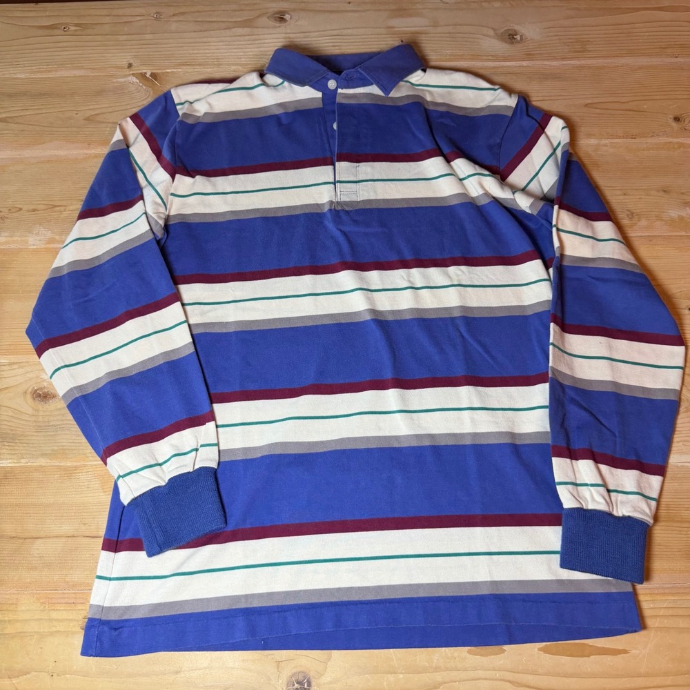 Vintage Jantzen Sport Mens Large‎ Striped Long Sleeve Rugby Shirt Blue Burgundy